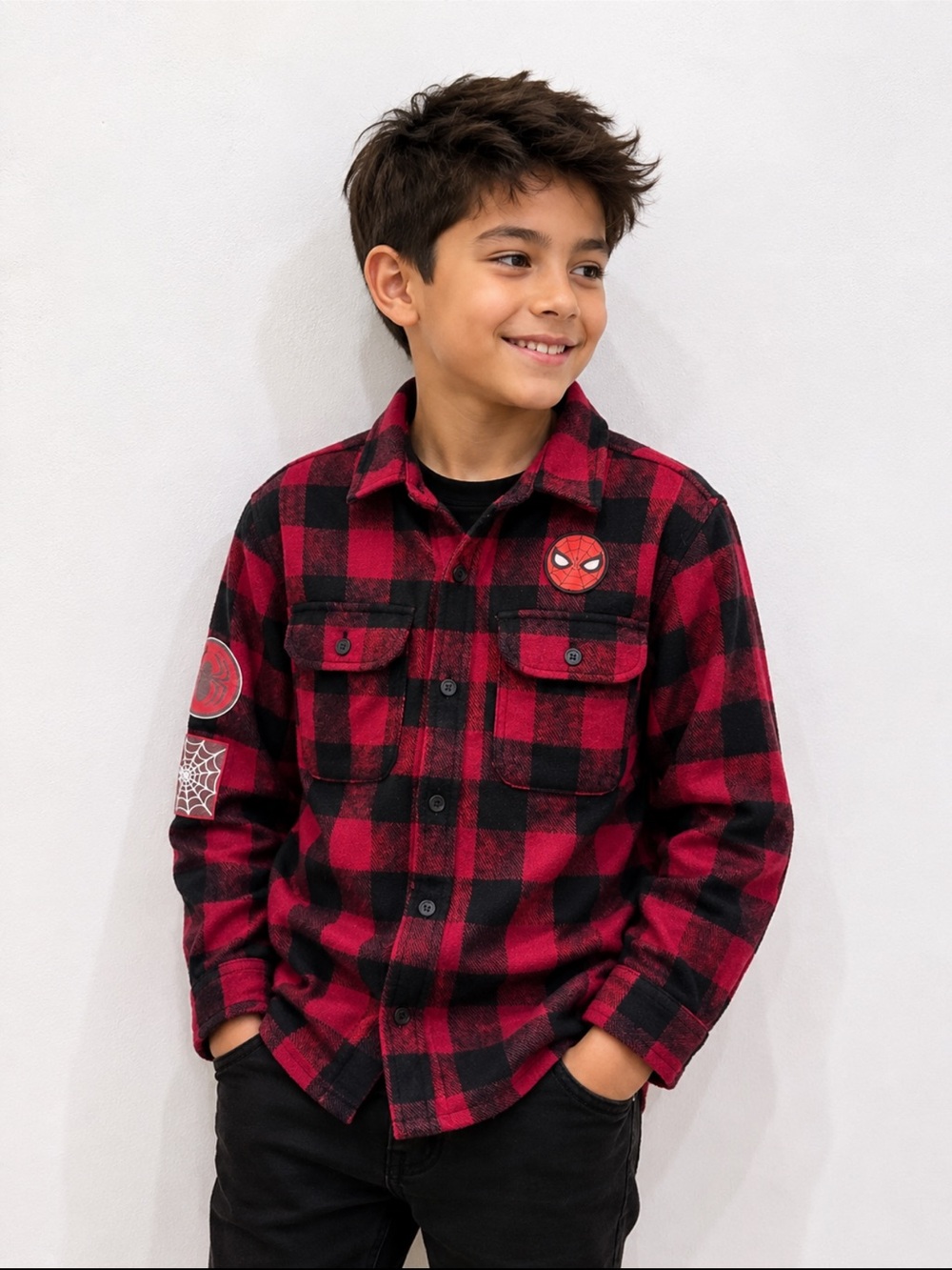Marvel Spiderman Red and Black Plaid Button-Down Shirt Jacket